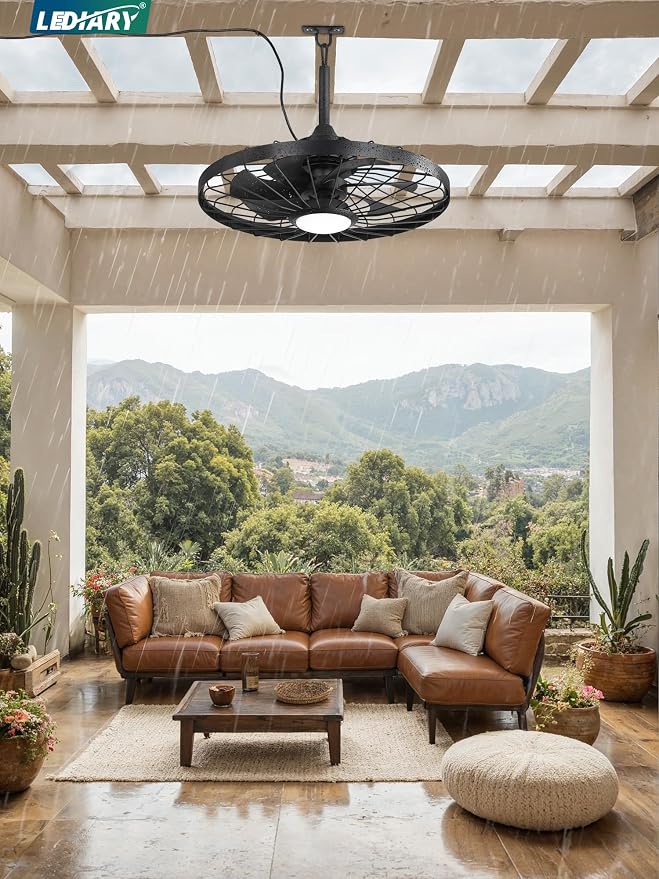 LEDIARY 24" Outdoor Ceiling Fan with Lights,IP65 Waterproof Gazebo Hanging Fan with Remote Control Smart App, Plug in Caged Ceiling Fan with 3CCT 6-Speeds for Patio Porch Pergola(Black)