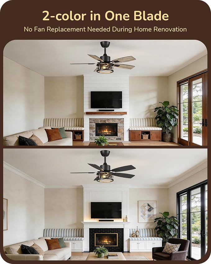 EDISHINE 42" Farmhouse Ceiling Fans with Lights and Remote, 10%-100% Dimmable, 6 Speeds, 5 Wood Blades, Reversible DC Motor, Timer, Quiet, Rustic Caged Fandelier Ceiling Fan for Bedroom Living Room