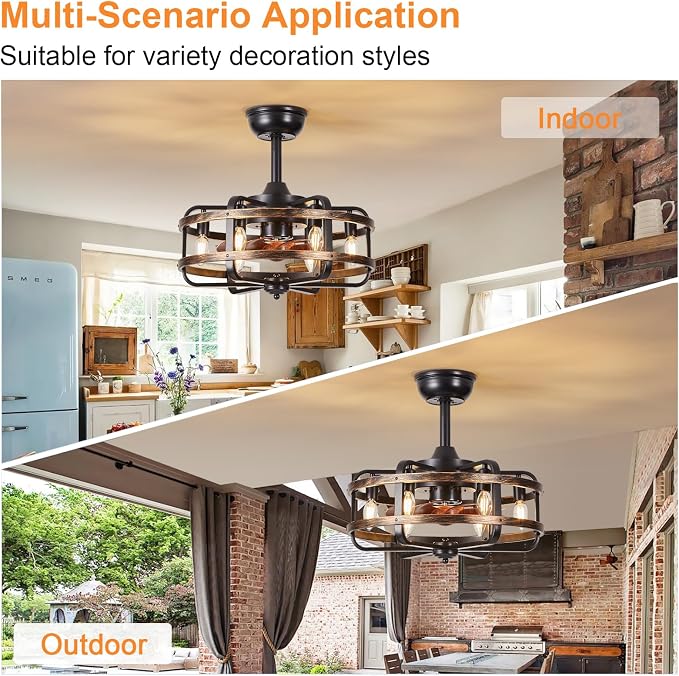 Caged Ceiling Fans with Lights Black Farmhouse 18‘’ Flush Mount Bladeless Rustic Chandeliers Fan Lights with Remote Vintage Reversible Ceiling Fan for Living Room Bedroom Kitchen 6 Light Bulb Base E12