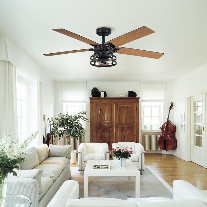 52 Inch Ceiling Fans with Lights and Remote Control, Quiet Reversible Motor, 5 Reversible Double-Sided Retro Industrial Blades Farmhouse Ceiling Fan for Bedroom Living Room Patio