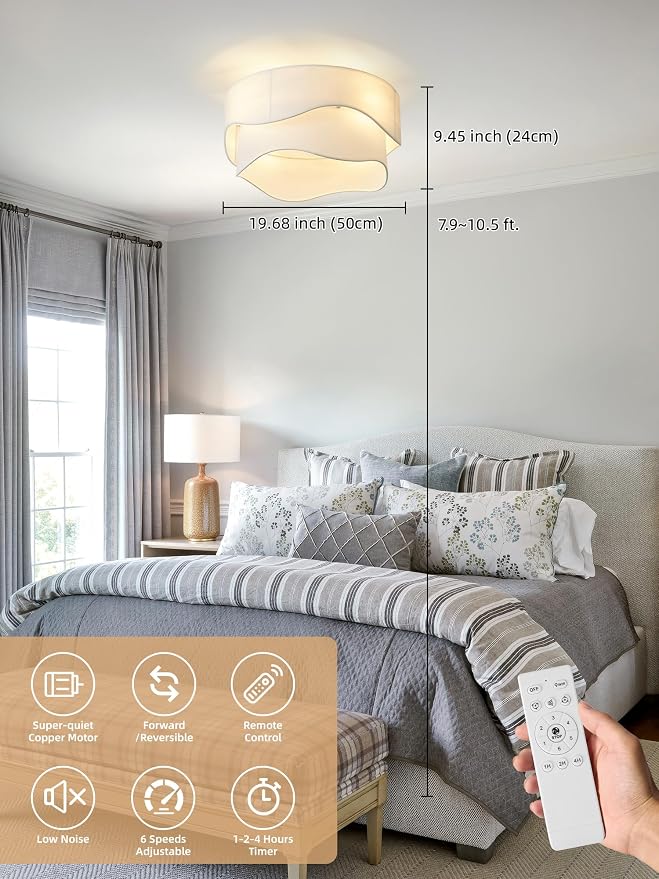 Flush Mount Ceiling Fan with Lights, 20" Low Profile Boho Ceiling Fan with Light Remote Control, Caged with 6 Speeds for Bedroom, Nursery, Living Room