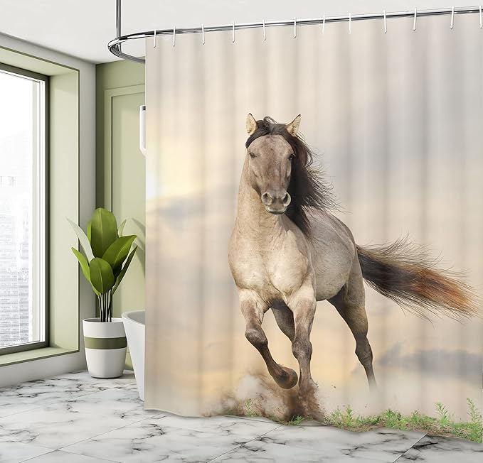 Ambesonne Horses Shower Curtain, Wild Young Stallion Horse Running at Sunset Male Power Muscular Physique Nobility Photo, Cloth Fabric Bathroom Decor Set with Hooks, 69" W x 70" L, Beige