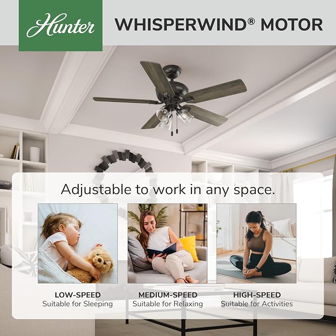 Hunter Rosner, Indoor, Ceiling Fan, Standard Mount, 52 inch, Noble Bronze | with LED Lights and Pull Chain, 5 Blades, For Bedroom, Living Room, Kitchen, 3 inch Downrod, 52345