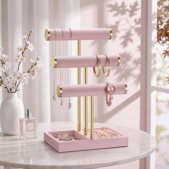Jewelry Organizer Stand Display, 3 Tier Velvet Bracelet Holder, Pink | Jewelry Organizers and Storage | Jewelry Tree | Jewelry Towers for Necklaces, Bracelets, Earrings, Rings