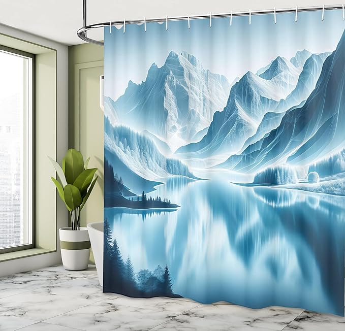 Ambesonne Lake Shower Curtain, Cold Mountain Peaks Hazy Reflection on ICY Water Nature Scenery Winter View, Cloth Fabric Bathroom Decor Set with Hooks, 69" W x 75" L, Pale Blue Petrol Blue