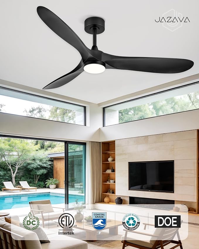 60 Inch Indoor Outdoor Ceiling Fan with Light and Remote, 3CCT Dimmable LED, Modern Black Ceiling Fan, Reversible Motor, Quiet 3-Blade ABS Fan for Living Room, Covered Patio, ZCCF08BK-60