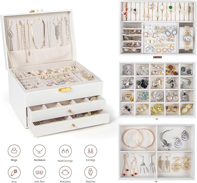 GUOER Jewelry Box for Women Girls, 3 Layers Large Jewelry Organizer (White) | Vintage Quilting Stitching PU Leather, Earrings Bracelets Rings Necklace Watches Storage Large Jewellery Holder Case Gifts