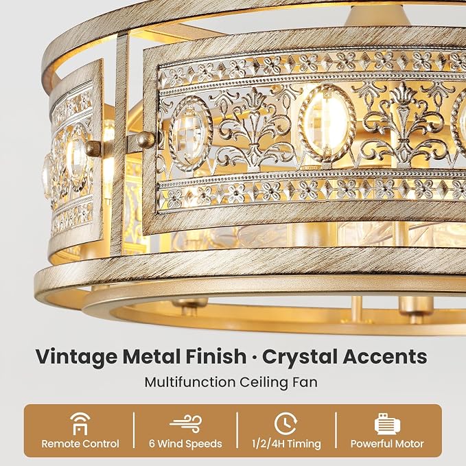 Caged Ceiling Fan with Light and Remote, 19" Vintage Crystal Fandelier, Gold Bladeless Ceiling Fan, Low Profile Ceiling Fan for Bedroom, Farmhouse Chandelier Fan for Living Room