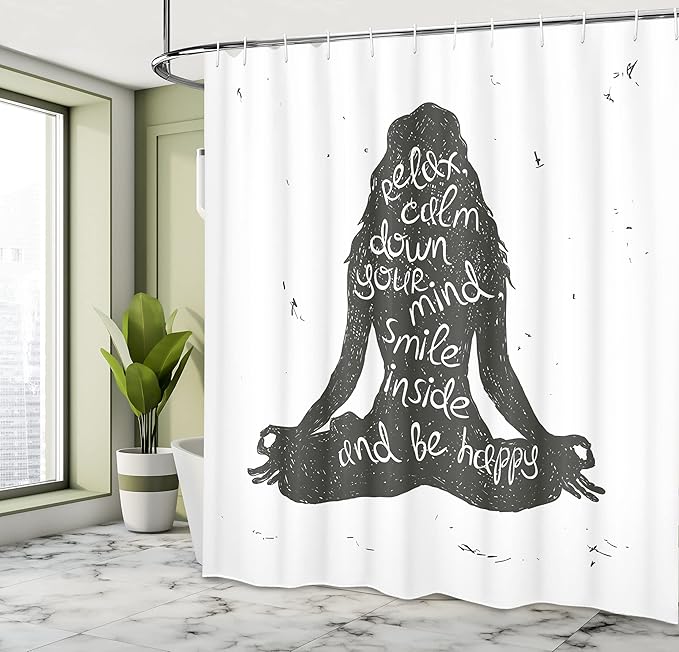 Ambesonne Yoga Shower Curtain, Relax Calm Down Smile Be Happy Typography Poster Woman Silhouette Sitting Yoga, Cloth Fabric Bathroom Decor Set with Hooks, 69" W x 75" L, Green White