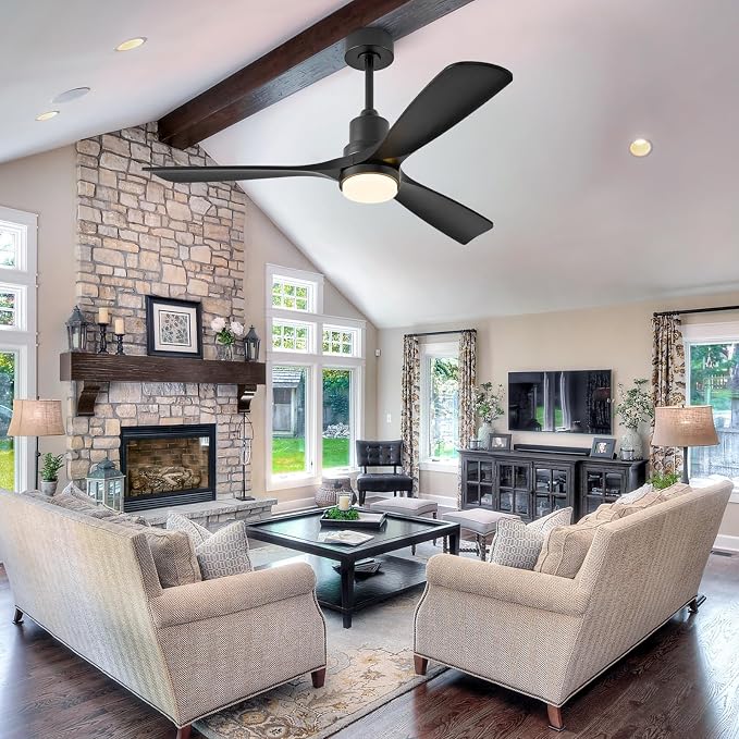 52 inch Smart Ceiling Fan with Lights,Outdoor Ceiling Fan 3 Wood Blades Compatible with Alexa/Gg Voice Control&App&Remote,Quiet DC Motor for Covered Patio Porch Bedroom,Black