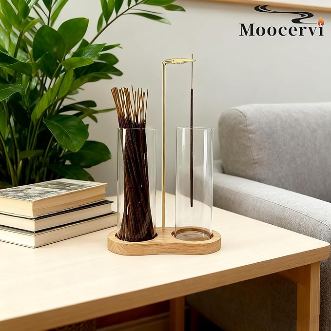 Incense Holder, Warm Minimalism Natural Incense Sticks Burner Holder with Storage,Hang Upside Down Incense Holder for Sticks with Glass Ash Catcher for Meditation Yoga Spa Room (Natural)