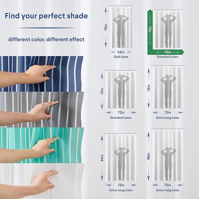 Clorox Shower Curtain Liner, Premium Striped Medium-Weight Durable Waterproof 6g PEVA for Bathroom with Weighted Magnets, Printed Standard Size 72" x 72", White