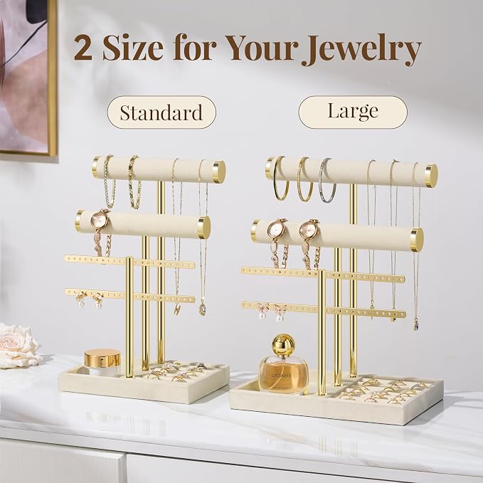 Jewelry Organizer Stand for Necklaces, Bracelets, Earrings, Rings, Beige | 3 Tier Velvet Bracelet Holder Display | Jewelry Organizers and Storage | Jewelry Tree | Jewelry Towers