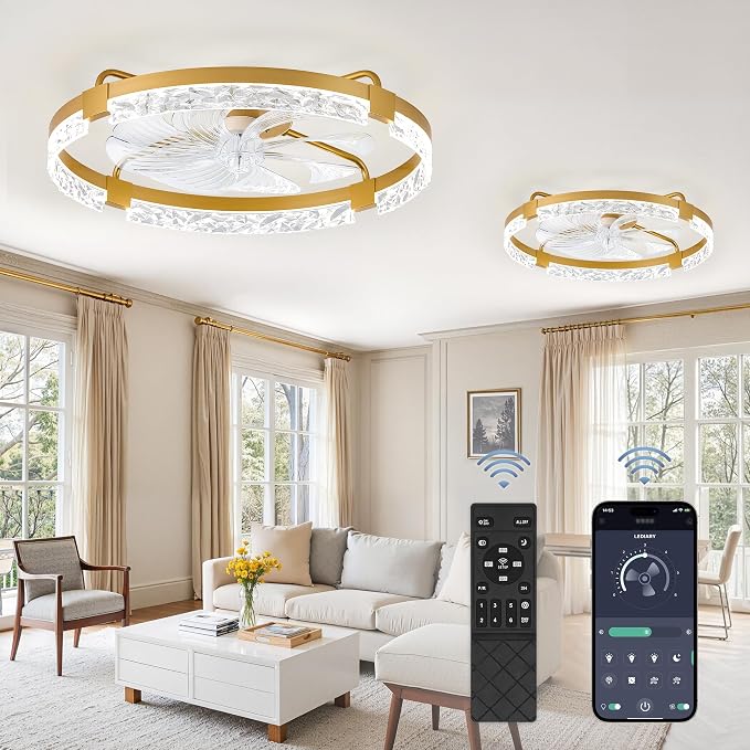 LEDIARY 2 Pack 24 Inch Low Profile Ceiling Fans with Lights and Remote, Fandelier Modern Ceiling Fan, 3000K-6000K Dimmable LED Fan Light, Gold Flush Mount Ceiling Fans with Lights for Bedroom