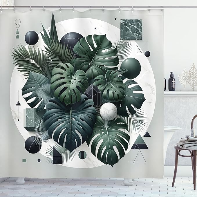 Ambesonne Dark Green Shower Curtain, Tropical Leaves Monstera and Palms on Marble Print with Geometric Shapes, Cloth Fabric Bathroom Decor Set with Hooks, 69" W x 75" L, Pale Grey Emerald