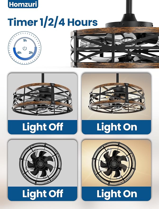 20" Caged Ceiling Fan with Light and Remote App Control, Rustic Round Downrod Mount Ceiling Fandelier Lights, 6 Speed and Reversible, Farmhouse Industrial Style for Bedroom, Kitchen