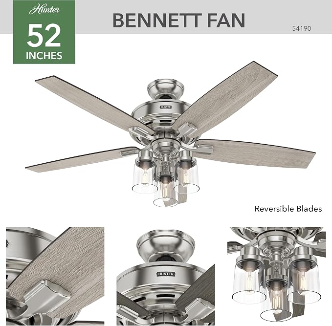 Hunter Bennett, Indoor, Ceiling Fan, Quiet, 52 inch, Brushed Nickel