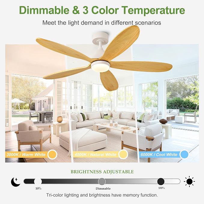 52 Inch Solid Wood Ceiling Fans With Lights, Remote Control, Dimmable, Reversible, Wood Blades, Power-Off Memory, Quiet DC Motor, Indoor/Oudoor Ceiling Fan with Light for Patio,Livingroom