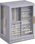 Glimmloop 360° Rotating Jewelry Box with 5 Drawers, Spacious Vertical Jewelry Organizer with Glass Window, Jewelry Storage Case, Dustproof & Moisture-resistant Design, Grey