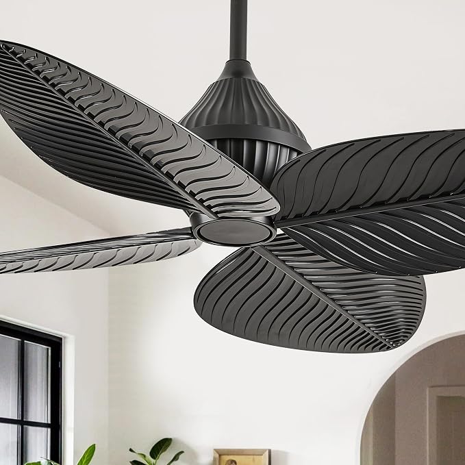 52" Black Tropical Ceiling Fans, Flush Mount Palm Leaf Ceiling Fan no Light, Indoor Ceiling Fans Without Light for Living Room Bedroom Kitchen Covered Gazebo, APP and Remote Control