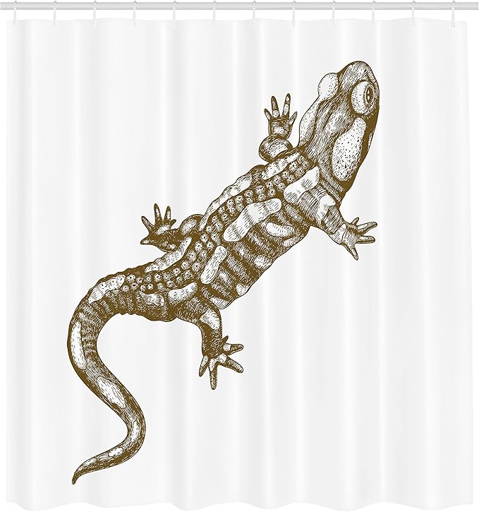 Ambesonne Animal Shower Curtain, Exotic Salamander Lizard Retro Styled Reptile Wilderness Theme Sketchy Illustration, Cloth Fabric Bathroom Decor Set with Hooks, 69" W x 70" L, White Beige