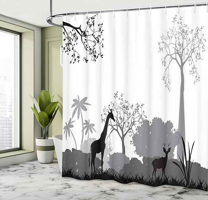 Ambesonne Savannah Shower Curtain, Grayscale Silhouette of Savannah Giraffe Deer and Trees Wild Region Theme Africa, Cloth Fabric Bathroom Decor Set with Hooks, 69" W x 75" L, Cream Grey