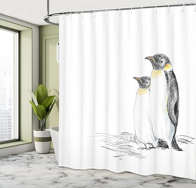Ambesonne Sea Animals Shower Curtain, Hand Drawn Art Penguins Aquatic Flightless Birds Polar South Pole Wildlife, Cloth Fabric Bathroom Decor Set with Hooks, 69" W x 84" L, Charcoal White