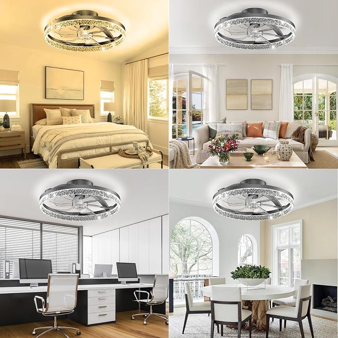 AIKVSXER Ceiling Fans with Lights and Remote, 20'' Low Profile Ceiling Fan with APP Control, 3000K-6500K Dimmable, Quiet Reversible DC, Modern Flush Mount Fandelier for Bedroom (Black-Crystal)
