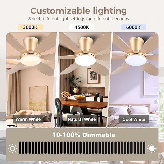 GJeg Ceiling Fans with Lights,42" Low Profile Ceiling Fan with Light and Remote Control,Flush Mount, Reversible, Dimmable, Noiseless,Gold Ceiling Fan for Bedroom