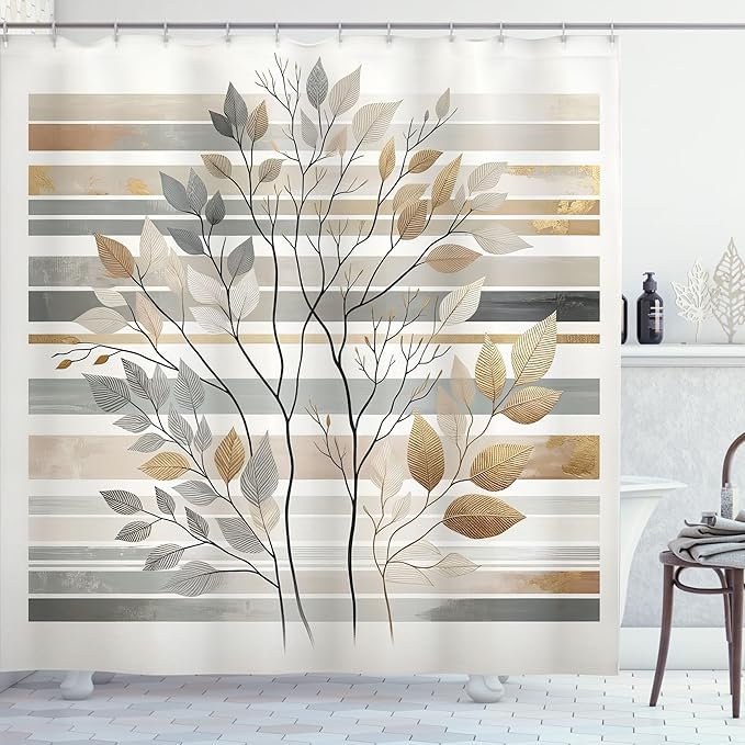 Ambesonne Striped Shower Curtain, Abstract and Boho Neutral Tones with Leaves on Lines Backdrop Print, Cloth Fabric Bathroom Decor Set with Hooks, 69" W x 84" L, Pale Brown Grey and Camel