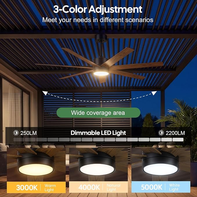 ETL Wet Rated Outdoor Smart Ceiling Fan with Lights, 56" All Weather Waterproof Fans for Patios, Alexa WIFI/Remote Control, High CFM 7 Walnut Blade with UV Coating, for Exterior Gazebo Porch Pavilion