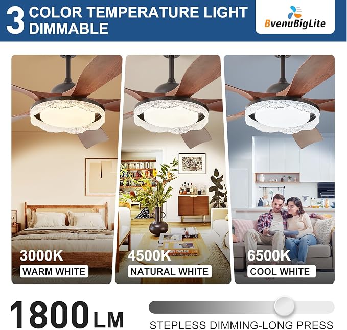 Ceiling Fans with Lights and Remote: 46-Inch Ceiling Fan 5 Blades Round Crystal Low Profile Outdoor - Walnut Ceiling Fans with Remote Control Quiet Reversible DC Motor for Living Room