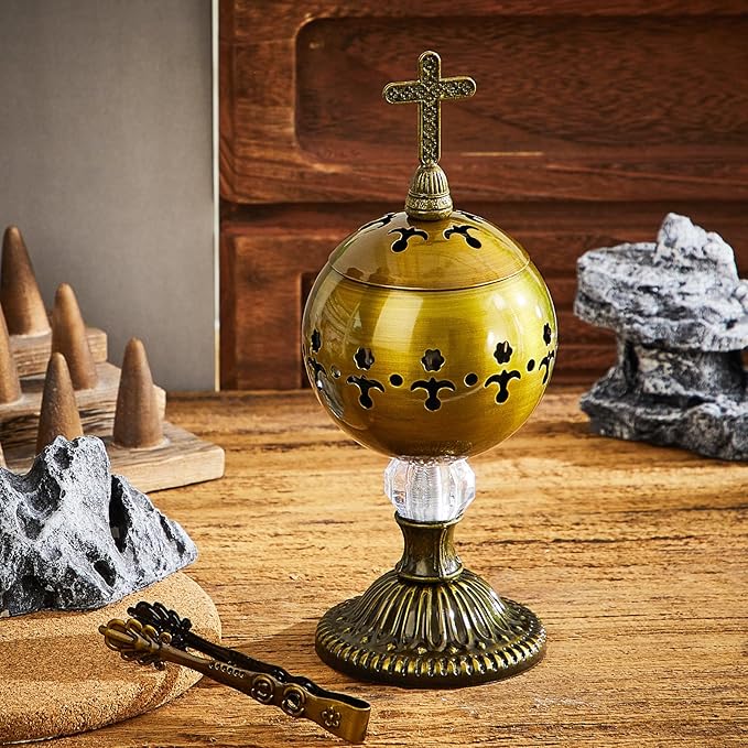Zonon 1 Set Incense Burner with Tong, Frankincense Charcoal Incense Stand Holder, Ideal for Yoga, Spa, Aromatherapy, Home and Christian Church Censer (Bronze,Retro)