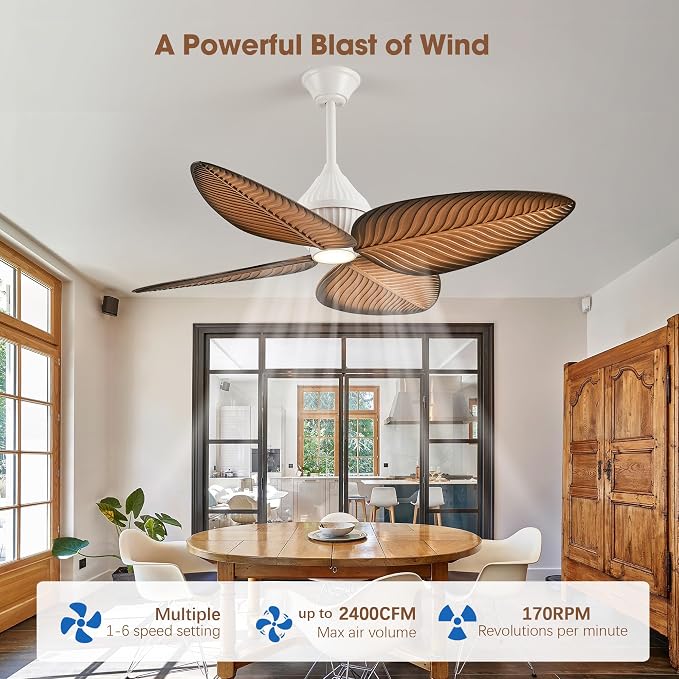 52"Tropical Ceiling Fans with Lights, Indoor Palm Leaf Ceiling Fan with Light and Remote for Living Room Bedroom, ABS Blades, Dimmable LED Lights, 6 Speeds, Adjustable Height-Light Wood Grain