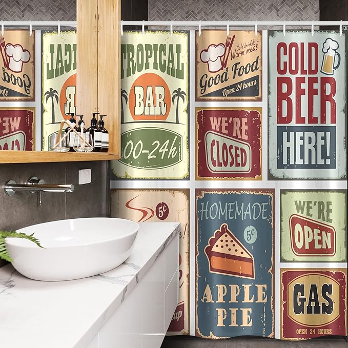Ambesonne 1950s Stall Shower Curtain, Vintage Style Signs Advertising Beverage Coffee Drink Aged Glass Tropical Nostalgia, Fabric Bathroom Decor Set with Hooks, 54" W x 78" L, Burgundy Ivory