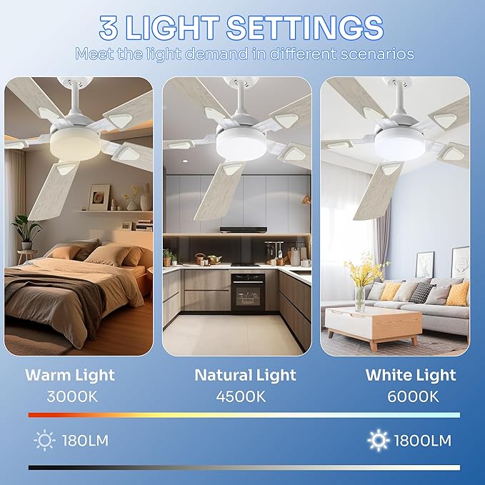 Ceiling Fans with Lights, 52 Inch Modern Ceiling Fans with Lights and Remote Control, DC Reversible Motor, Noiseless, 3CCT, Ceiling Fan for Bedroom, Living Room, Apartment Indoor/Outdoor Use