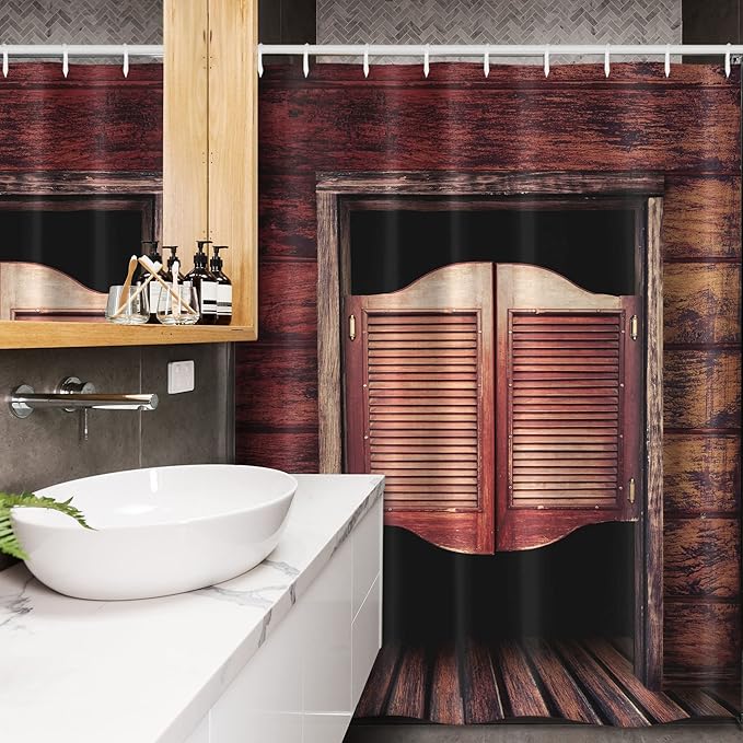 Ambesonne Western Stall Shower Curtain, Old Rustic Wooden Door and Wild West Cowboy Antique Bar Saloon Door Picture, Fabric Bathroom Decor Set with Hooks, 54" W x 78" L, Maroon Brown