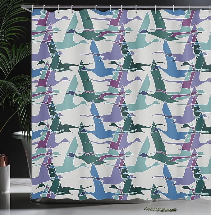 Ambesonne Geese Shower Curtain, Flying Ducks Mallard and Waterfowl Shapes Theme Colorful Abstract Print, Cloth Fabric Bathroom Decor Set with Hooks, 69" W x 70" L, Lilac Green