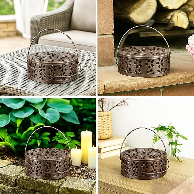 4Pcs Portable Mosquito Coil Holder, Coil Incense Holder with Handle Round Heat-Resistant Mosquito Incense Burner for Indoor Outdoor Hanging Camping Patio (Bronze)