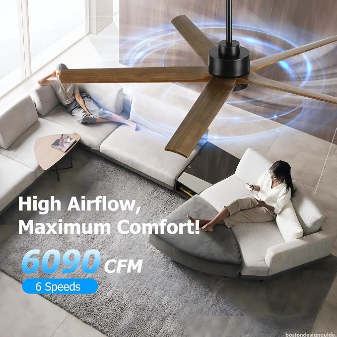 60 Inch Wood Ceiling Fan with Lights, Farmhouse Outdoor Silent Ceiling Fans, Modern High CFM Ceiling Fans, Quiet Reversible DC Motor, 5 Blades 6 Speed for Bedroom Living Room Exterior Patios