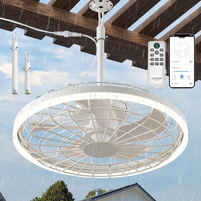 20" Gazebo Fan With Light Waterproof Ceiling Fan,5 Blade,Dimmable Color,3CCT,Alexa/Google,White Plug In Caged Outdoor Fan for Patio Backyard Family Reunions Parties
