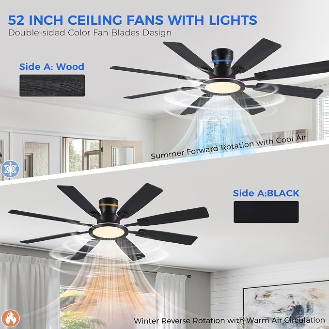Ayaoty Ceiling Fans with Lights -60in Flush Mount Ceiling Fan with RGB Dimmable, 3CCT 6 Wind Speeds and Reversible Quiet Motor, Low Profile RGB Fan Light for Modern Indoor, Party - Black