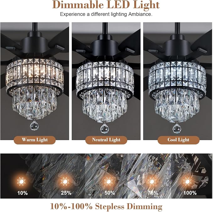 Kviflon 52 Inch Crystal Ceiling Fan with Lights, Black Fandelier Ceiling Fan with Light and Remote/APP Control, Modern Chandelier Ceiling Fan for Bedroom Living Room, Quiet DC Motor, Dimmable LED