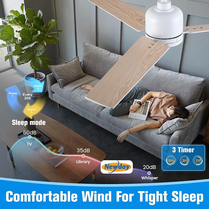 Newday 48 Inch Ceiling Fans with Lights Remote for Bedroom Living Room Kitchen Office, Indoor or Covered Outdoor, 3CCT Dimmable, 3 Blades, 6 Speed Reversible Quiet DC Motor, White/Wood Grain