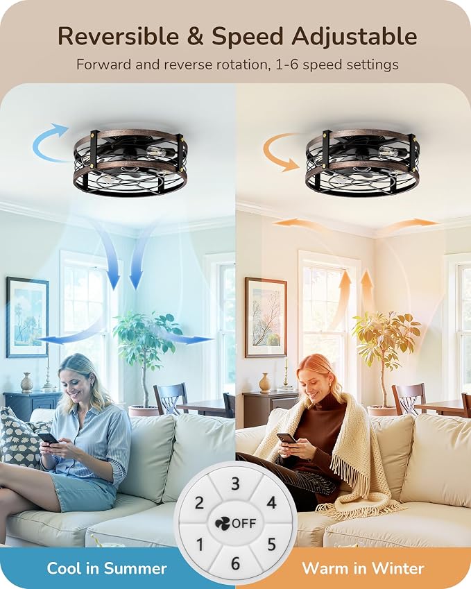 EDISHINE 21" Pre-Assembled Ceiling Fans with Lights Flush Mount, 10%-100% Dimmable, Rustic Low Profile Caged Ceiling Fan with Remote, Small Farmhouse Fan Light Ceiling for Kitchen Bedroom Brushed Gold