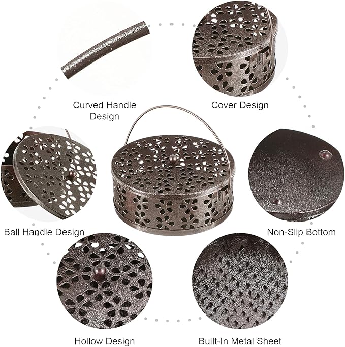 4Pcs Portable Mosquito Coil Holder, Coil Incense Holder with Handle Round Heat-Resistant Mosquito Incense Burner for Indoor Outdoor Hanging Camping Patio (Bronze)