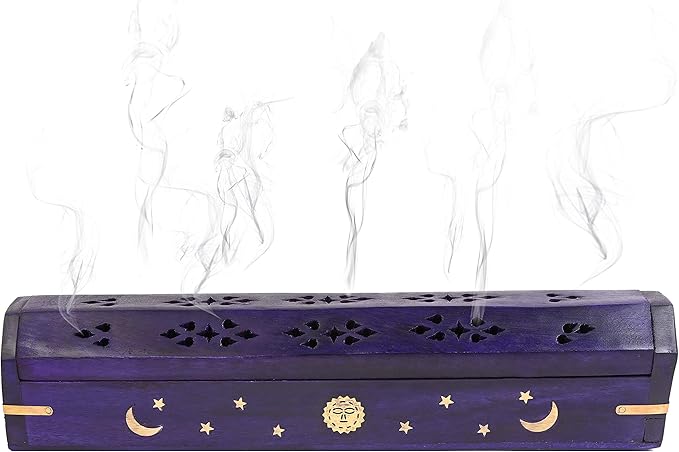 Incense Garden Pack of 2 Incense Stick Holder - Coffin Style - Wood Incense Stick Burner with Sun Moon Star Inlays Handmade with Brass Inlays (Purple)