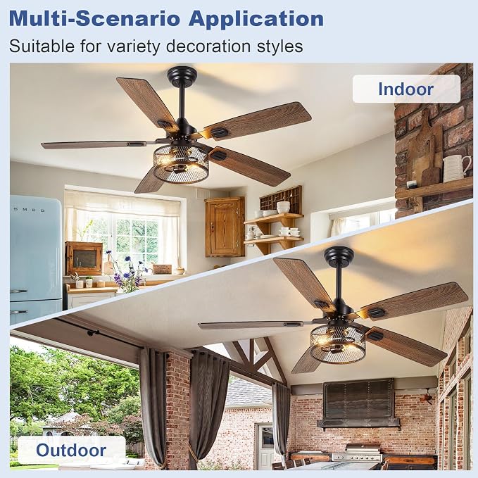 Depuley 52-Inch Ceiling Fans with Lights: Caged Ceiling Fans Dual Finish 5 Blades - Farmhouse Ceiling Fan with Remote Control for Rustic Living Room Outdoor Patio Reversible (Black Walnut)