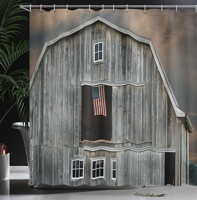 Ambesonne American Flag Shower Curtain, American Flag Flying in Hayloft Window Wooden Old House Dark Evening View, Cloth Fabric Bathroom Decor Set with Hooks, 69" W x 70" L, Dark Grey