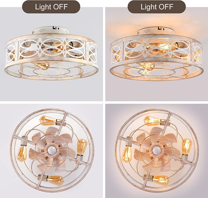 20" Caged Ceiling Fan With Light And Remote，bladeless Ceiling Fan 6 Speed Reversible With 4 Bulbs and Remote Control. With Lights for Bedroom, Dining Room